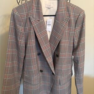 LOFT Women’s Plaid Double-Breasted Blazer - Gray with Red Accent